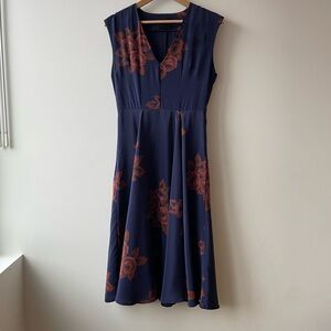 Romantic Silk Floral Midi Dress – Navy Blue - size 2
